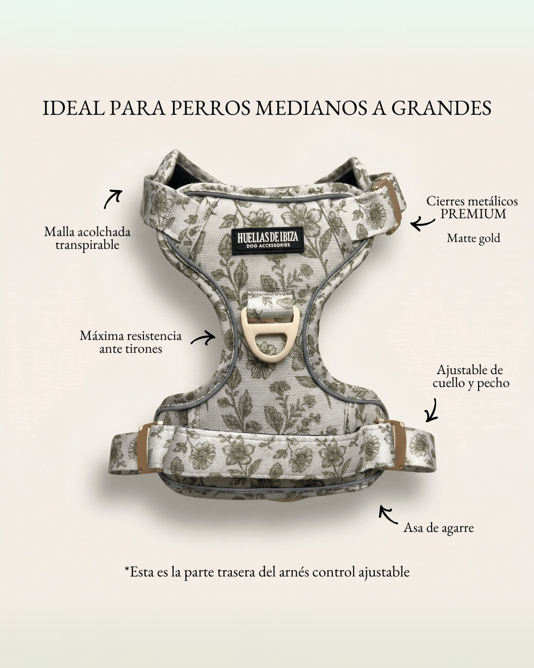 Arnés ajustable control Premium para perros "Boho Chic Ibiza" - Huellas de Ibiza