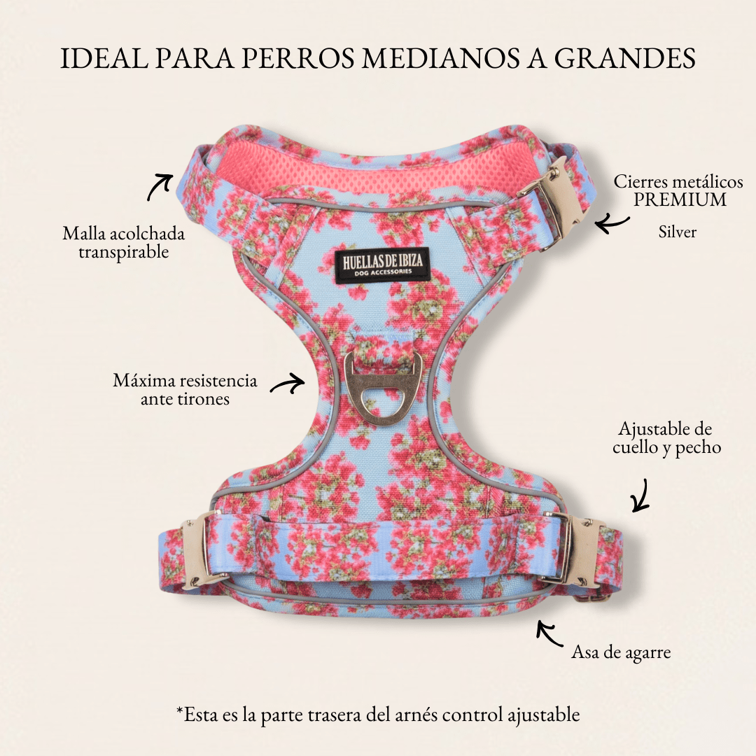 Arnés ajustable control Premium para perros "Buganvillas de Ibiza" - Huellas de Ibiza