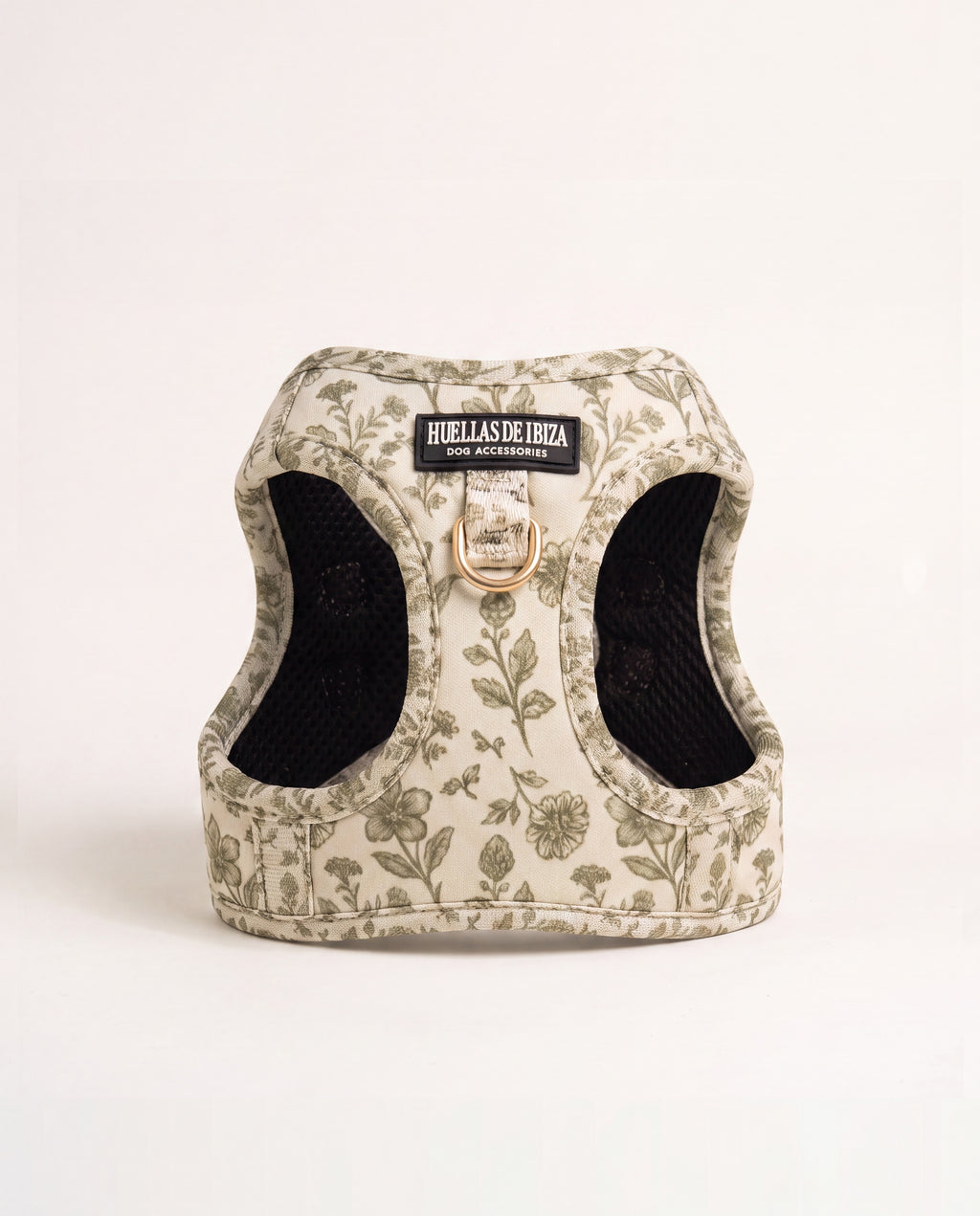 Arnés body Premium para perros "Boho Chic Ibiza" - estampado botánico oliva sobre neopreno crema, forro de malla, herrajes dorados - Huellas de Ibiza