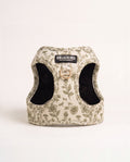 Arnés body Premium para perros "Boho Chic Ibiza" - estampado botánico oliva sobre neopreno crema, forro de malla, herrajes dorados - Huellas de Ibiza