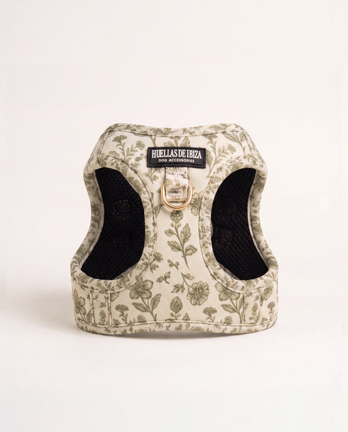 Arnés body Premium para perros "Boho Chic Ibiza" - estampado botánico oliva sobre neopreno crema, forro de malla, herrajes dorados - Huellas de Ibiza