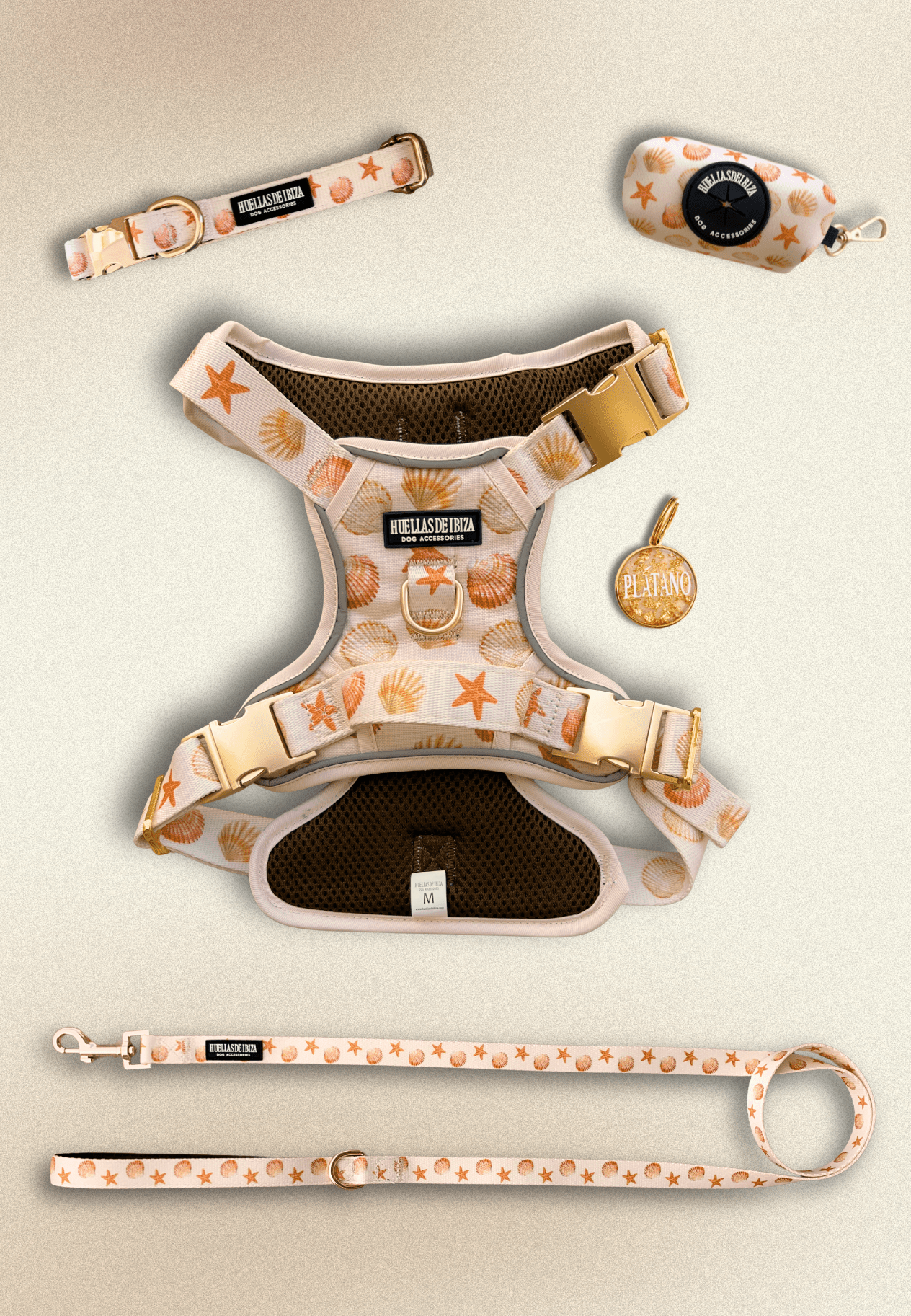 Pack Dogfluencer - Arnés ajustable control Premium "Arena y Sal" + Joya Identificativa - Huellas de Ibiza