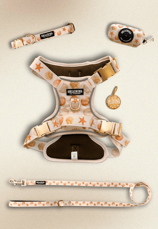 Pack Dogfluencer - Arnés ajustable control Premium "Arena y Sal" + Joya Identificativa - Huellas de Ibiza