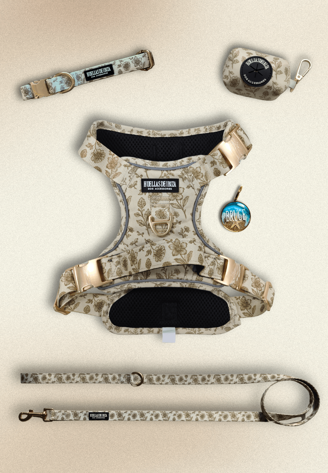 Pack Dogfluencer - Arnés ajustable control Premium "Boho Chic Ibiza" + Joya Identificativa - Huellas de Ibiza