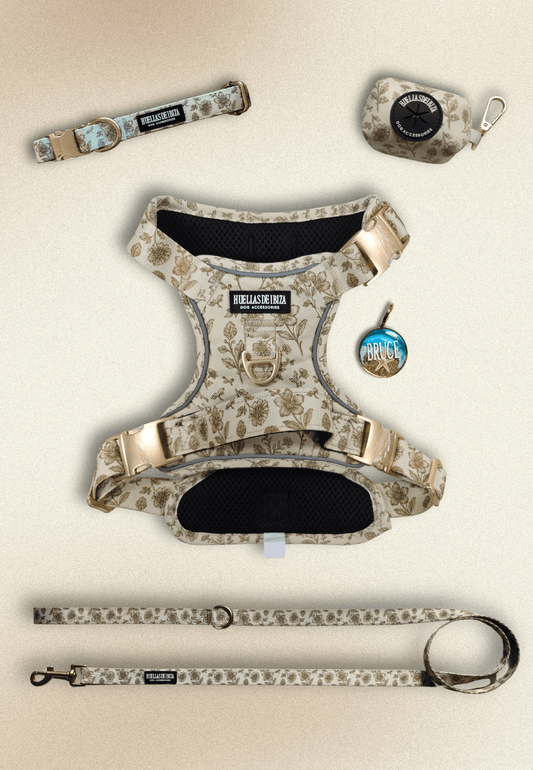 Pack Dogfluencer - Arnés ajustable control Premium "Boho Chic Ibiza" + Joya Identificativa - Huellas de Ibiza