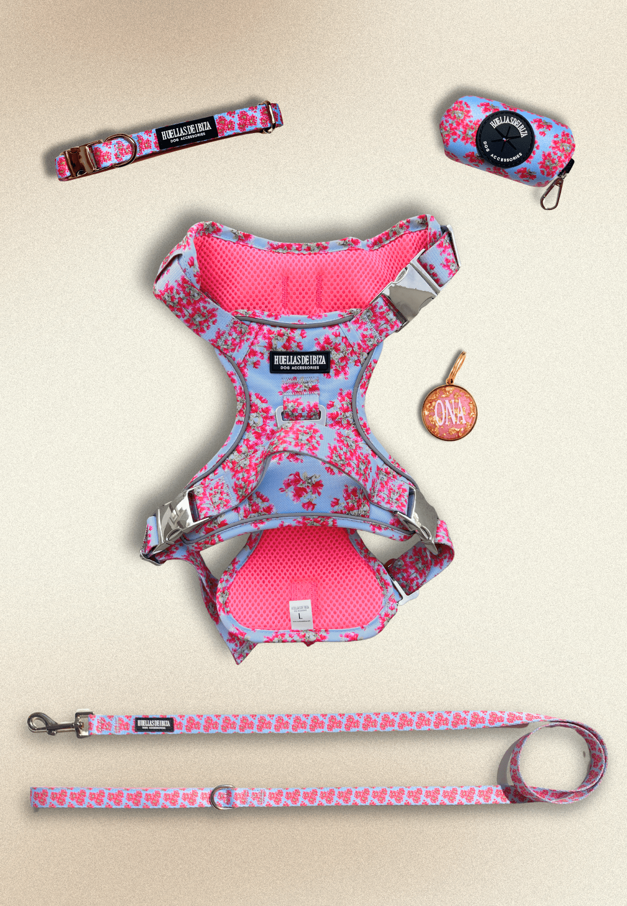 Pack Dogfluencer - Arnés ajustable control Premium "Buganvillas de Ibiza" + Joya Identificativa - Huellas de Ibiza