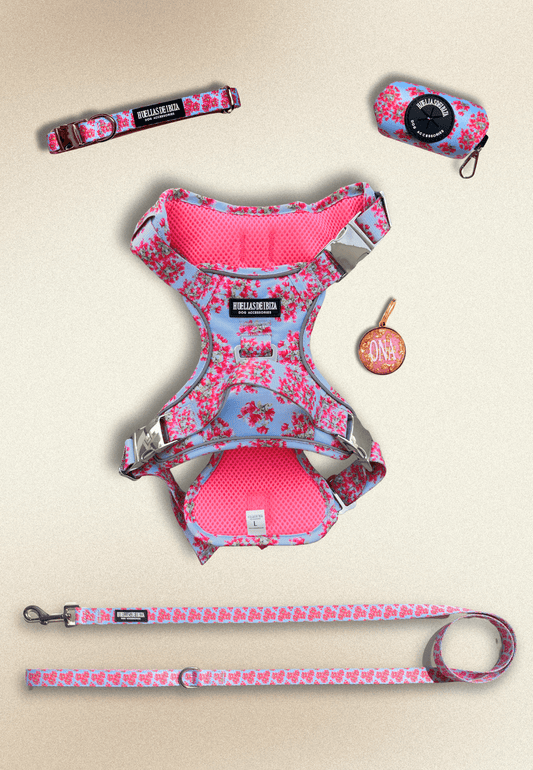 Pack Dogfluencer - Arnés ajustable control Premium "Buganvillas de Ibiza" + Joya Identificativa - Huellas de Ibiza