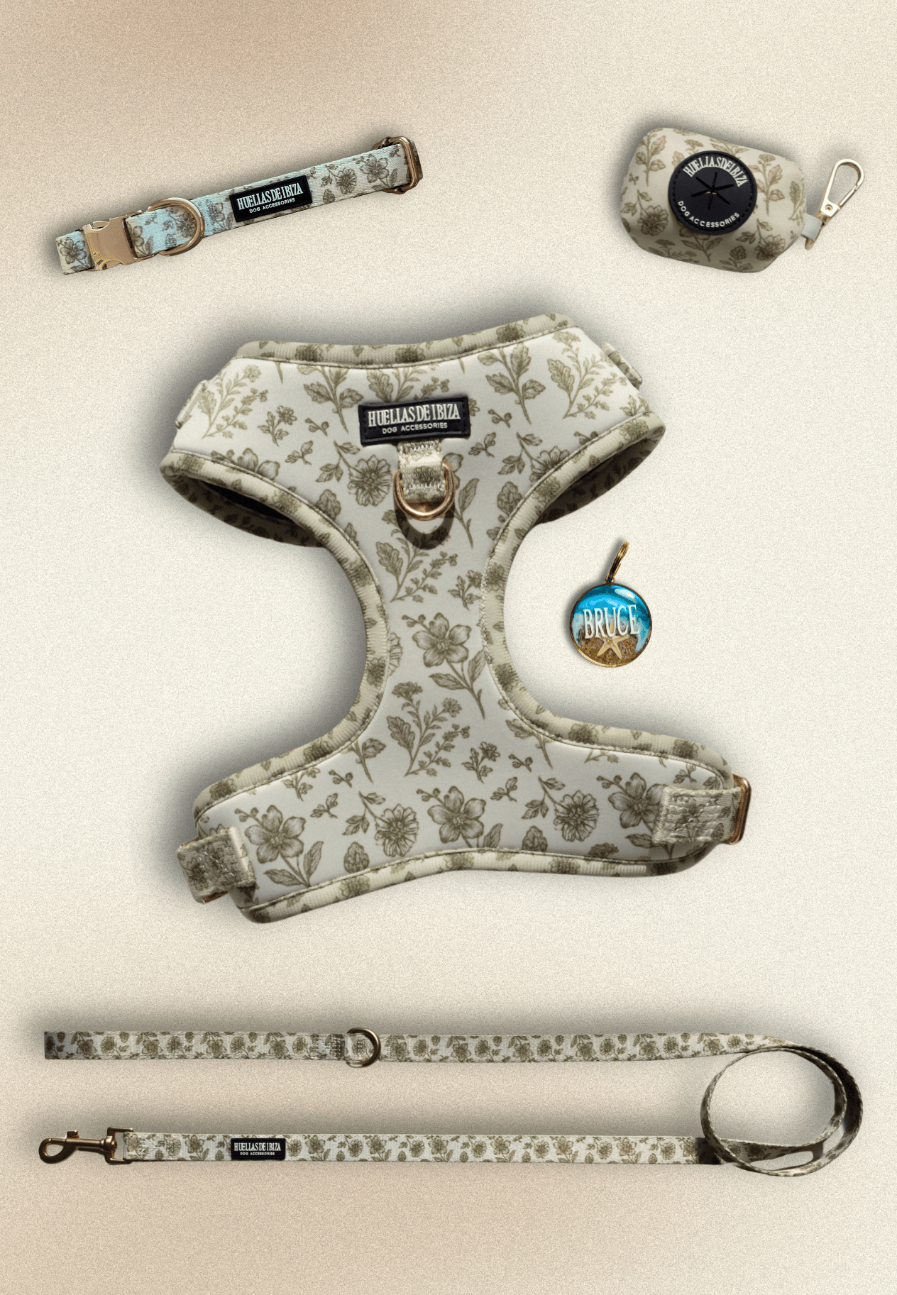 Pack Dogfluencer - Arnés ajustable Premium "Boho Chic Ibiza" + Joya Identificativa - Huellas de Ibiza