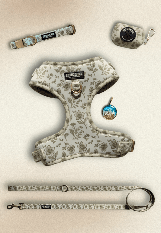 Pack Dogfluencer - Arnés ajustable Premium "Boho Chic Ibiza" + Joya Identificativa - Huellas de Ibiza