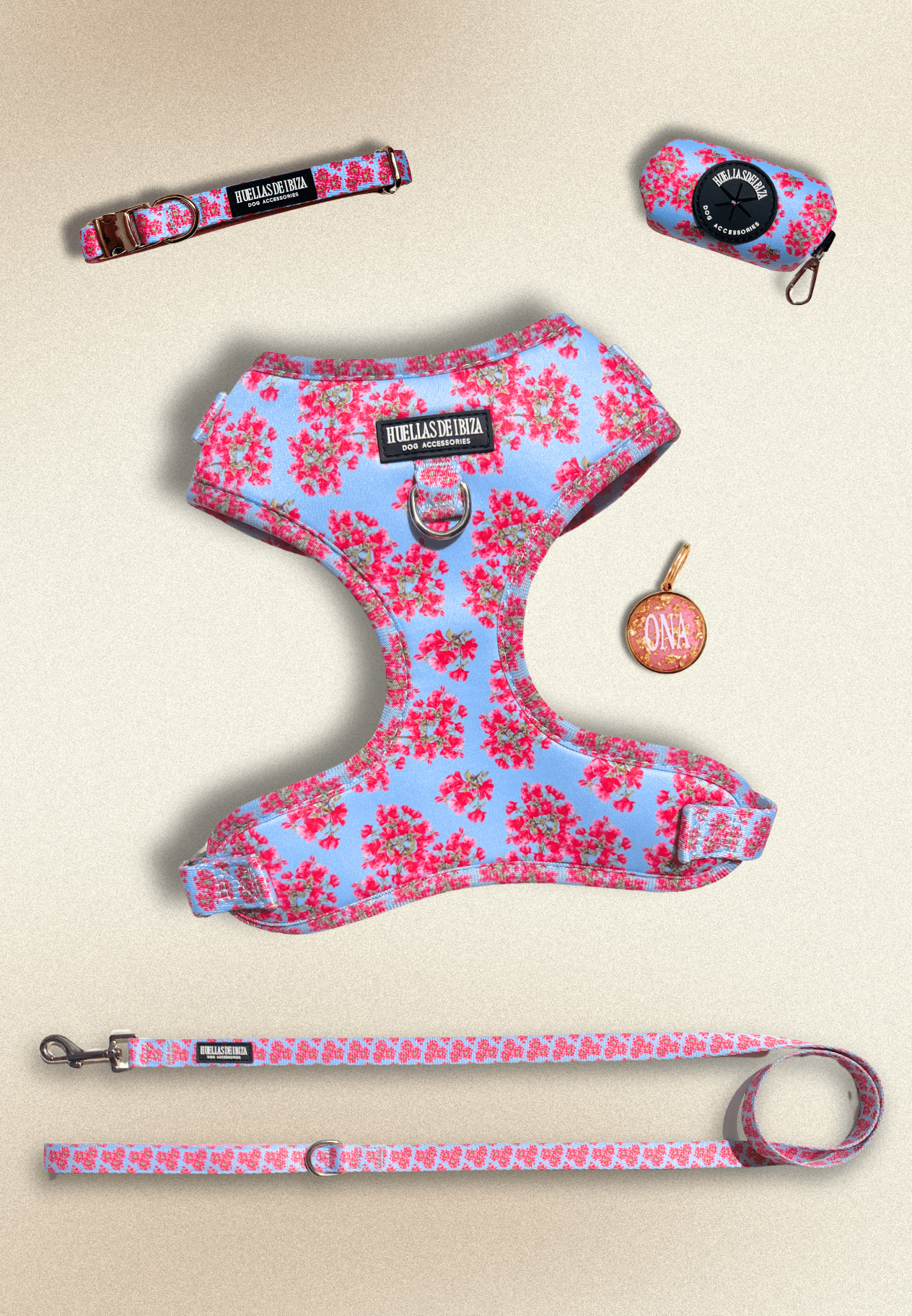 Pack Dogfluencer - Arnés ajustable Premium "Buganvillas de Ibiza" + Joya Identificativa - Huellas de Ibiza