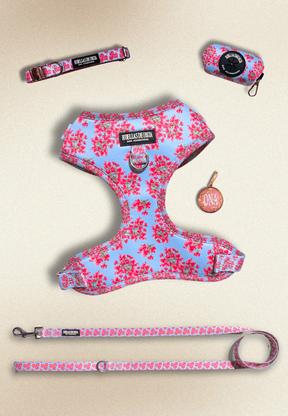 Pack Dogfluencer - Arnés ajustable Premium "Buganvillas de Ibiza" + Joya Identificativa - Huellas de Ibiza