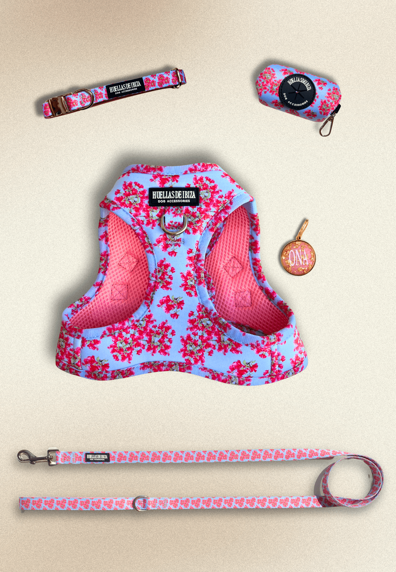 Pack Dogfluencer - Arnés body Premium "Buganvillas de Ibiza" + Joya Identificativa - Huellas de Ibiza