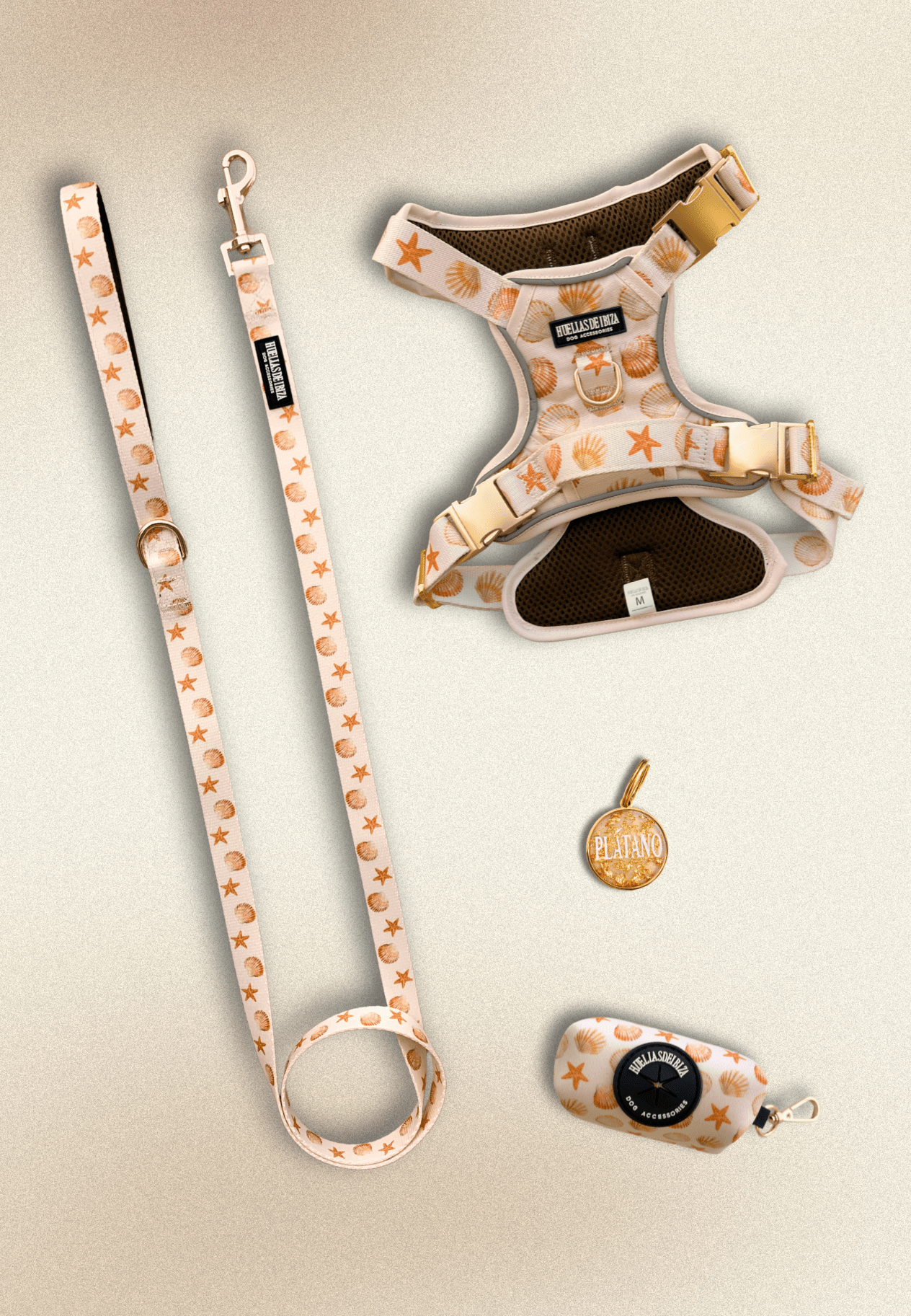 Pack Dogmodel - Arnés ajustable control Premium "Arena y Sal" + Joya Identificativa - Huellas de Ibiza