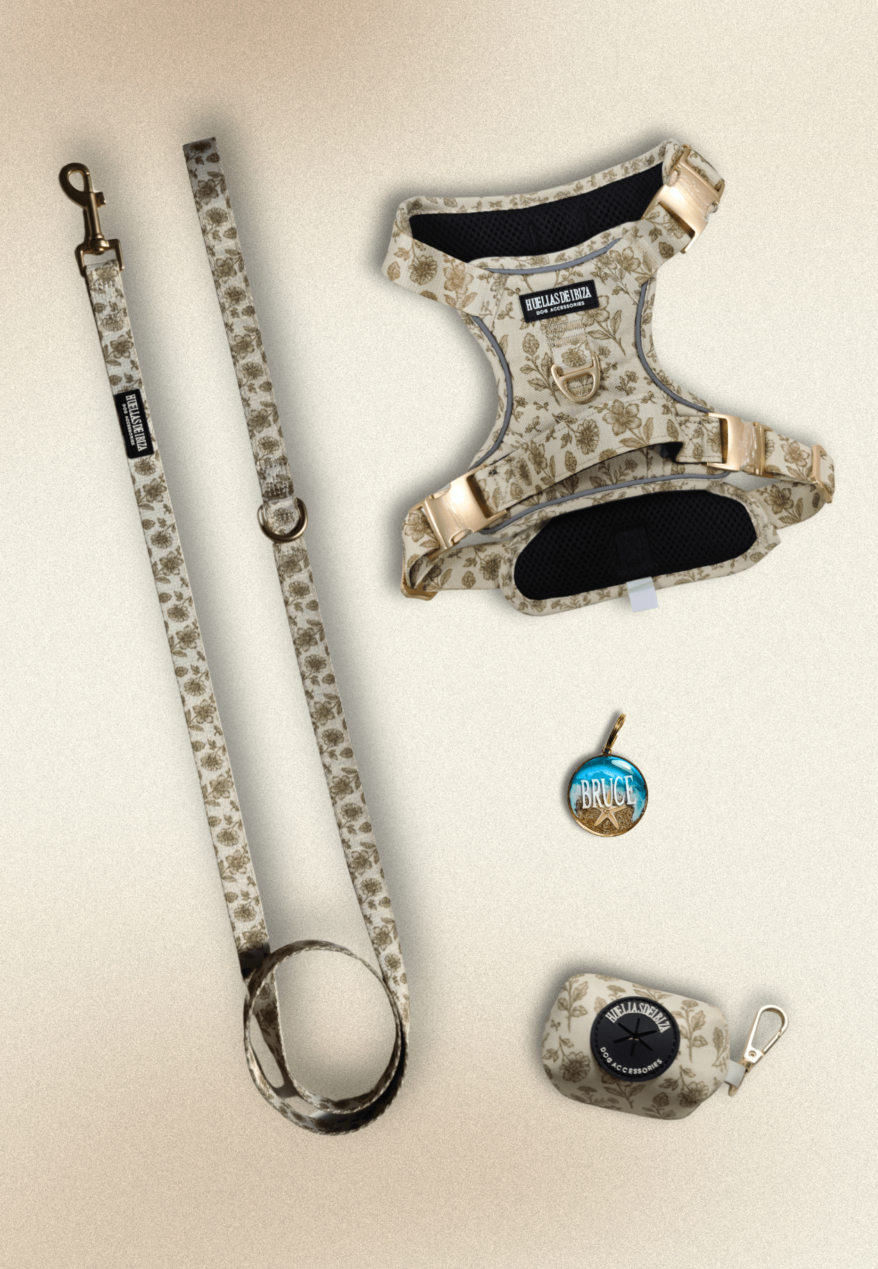 Pack Dogmodel - Arnés ajustable control Premium "Boho Chic Ibiza" + Joya Identificativa - Huellas de Ibiza