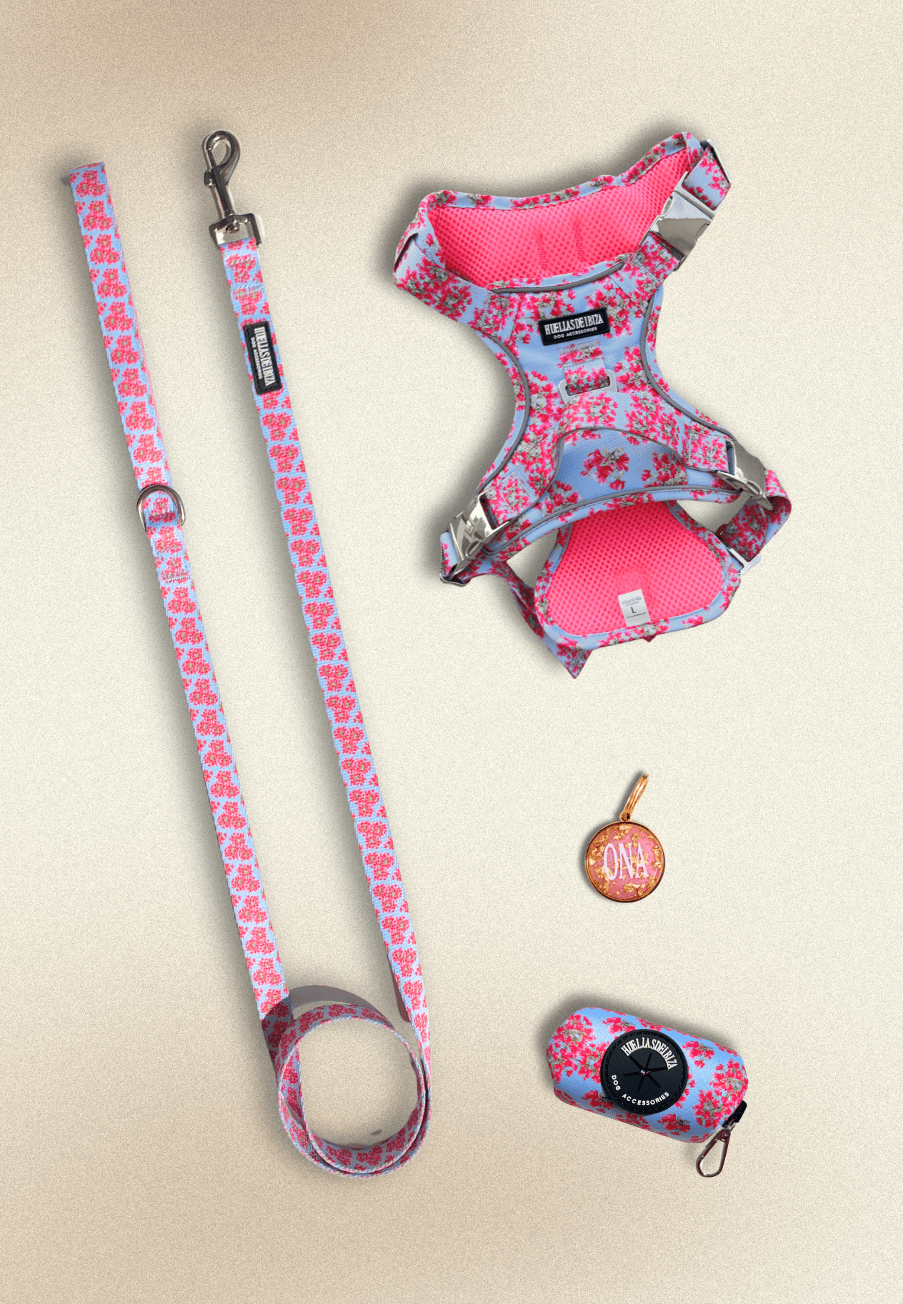Pack Dogmodel - Arnés ajustable control Premium "Buganvillas de Ibiza" + Joya Identificativa - Huellas de Ibiza