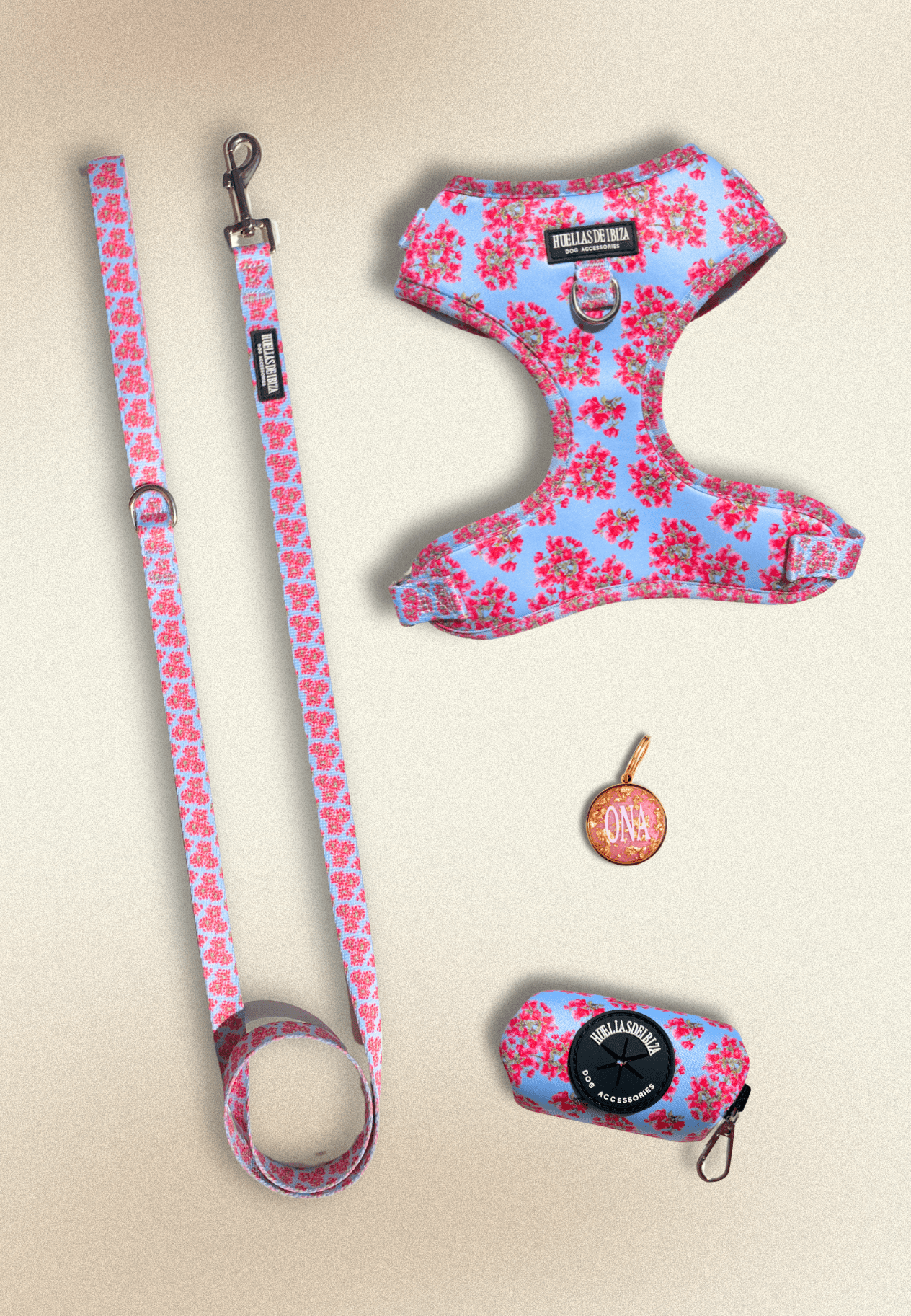 Pack Dogmodel - Arnés ajustable Premium "Buganvillas de Ibiza" + Joya Identificativa - Huellas de Ibiza