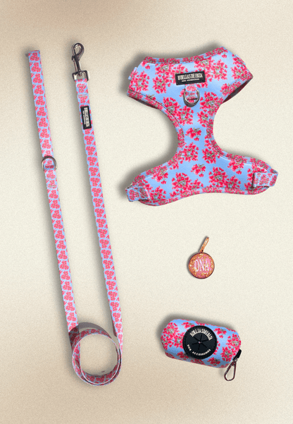 Pack Dogmodel - Arnés ajustable Premium "Buganvillas de Ibiza" + Joya Identificativa - Huellas de Ibiza