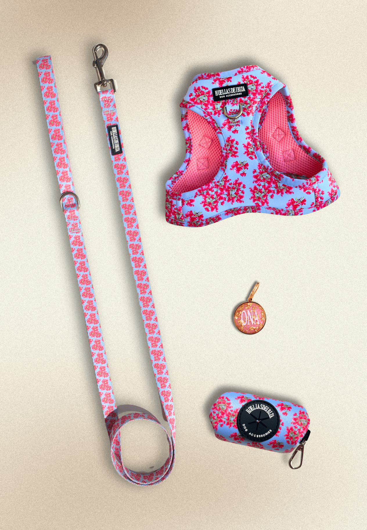 Pack Dogmodel - Arnés body Premium "Buganvillas de Ibiza" + Joya Identificativa - Huellas de Ibiza